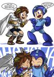  angel armor blue_eyes brown_hair capcom dialog feather hair helmet ics_(artist) laugh machine male mechanical mega_man_(character) mega_man_(series) nintendo not_furry pit_(kid_icarus) plain_background robot super_smash_bros video_games wings 