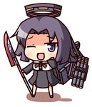  ;d chibi kantai_collection kukku looking_at_viewer machinery mechanical_halo one_eye_closed open_mouth polearm purple_eyes purple_hair school_uniform shaded_face short_hair smile solo spear tatsuta_(kantai_collection) weapon 