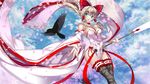  alternate_costume bird blonde_hair blue_eyes bow breasts cherry_blossoms cleavage cosplay detached_sleeves deviantart_sample hair_tubes hakurei_reimu hakurei_reimu_(cosplay) highres image_sample janna_windforce large_breasts league_of_legends noah_sheldon raven_(animal) ribbon staff thighhighs touhou 
