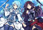  :d asuna_(sao) asuna_(sao-alo) black_legwear blue_eyes blue_hair blue_legwear blush breastplate detached_sleeves hairband holding_hands jianren long_hair looking_at_viewer multiple_girls open_mouth outstretched_hand pointy_ears purple_hair smile sword sword_art_online thighhighs weapon yuuki_(sao) 