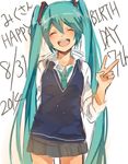  2014 :d aqua_hair blush character_name closed_eyes cowboy_shot dated happy_birthday hatsune_miku long_hair necktie open_mouth run_(sweettimehappy) sketch skirt smile solo twintails v very_long_hair vocaloid white_background 