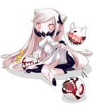  blush chibi covered_mouth dress dress_lift erusen_(des-arms) horns kantai_collection long_hair looking_at_viewer midway_hime open_mouth pale_skin red_eyes shinkaisei-kan silver_hair veins white_dress 