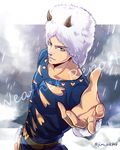  cloud cloudy_sky fur_hat grey_eyes hat holiday-jin horns jojo_no_kimyou_na_bouken male_focus outstretched_hand rain sky solo weather_report 