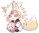  1boy :3 animal_ears boots chibi eyes fox_ears fox_tail gloves long_hair male male_focus naruto naruto_shippuuden purple_eyes rinnegan simple_background sitting solo spiked_hair tail third_eye uchiha_madara white_background white_hair yumifujisaki 