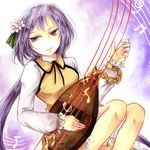  biwa_lute chain dress flower frilled_dress frills hair_flower hair_ornament instrument kutsuki_kai long_hair lute_(instrument) music musical_note playing_instrument purple_eyes purple_hair shirt touhou tsukumo_benben 