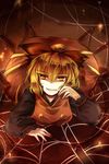  blonde_hair bow dress frilled_sleeves frills grin hair_bow kurodani_yamame kutsuki_kai long_sleeves short_hair silk smile spider_web touhou yellow_eyes 