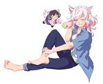  &gt;_&lt; :3 animal_ears bakemonogatari barefoot belt black_hair black_hanekawa breasts cat_ears chibi cleavage closed_eyes denim dual_persona fangs full_body grin hanekawa_tsubasa highres jacket jeans kotobukidaifuku long_hair looking_at_viewer medium_breasts monogatari_(series) multicolored_hair multiple_girls one_eye_closed pants paw_pose paws school_uniform short_hair short_sleeves simple_background sitting skirt smile tail tiger_ears tiger_tail two-tone_hair wavy_hair white_background white_hair yellow_eyes 