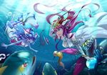  animal aqua_eyes arm_up arm_warmers bare_shoulders barefoot blue_hair blue_skin bracelet breasts bubble circlet cleavage collarbone coral fish fish_tail frills hair_ornament head_fins holding horn instrument jewelry long_hair medium_breasts mermaid midriff monster_girl multiple_girls neko_eel open_mouth plesios_(p&amp;d) purple_eyes purple_hair puzzle_&amp;_dragons seahorse siren_(p&amp;d) small_breasts tail tiara trumpet underwater undine_(p&amp;d) very_long_hair water 