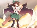  arm_cannon bird_wings black_legwear black_wings brown_eyes brown_hair cape cross_(crossryou) energy_ball long_hair puffy_short_sleeves puffy_sleeves reiuji_utsuho shirt short_sleeves skirt solo space thighhighs third_eye touhou weapon wings zettai_ryouiki 