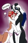  absurd_res anthro big_breasts blue_eyes blue_hair blush breasts canine cheri_(artist) clothing cute dog duo dyr_(edit) female fur hair hi_res holly_(darkduck64) long_hair mammal nipples open_mouth panties plain_background red_hair simple_background smile standing tongue topless underwear 