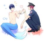  2boys black_hair blue_eyes cuffs free! full_body future_fish handcuffs heart male_focus matsuoka_rin merman monster_boy multiple_boys nanase_haruka_(free!) nude oshidorio police police_uniform red_eyes red_hair sharp_teeth teeth uniform 