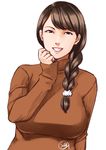  braid breasts brown_eyes brown_hair ganto grin hair_over_shoulder large_breasts long_hair looking_at_viewer original side_braid signature simple_background single_braid sleeves_past_wrists smile solo sweater upper_body white_background 