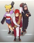  1girl 2boys blonde_hair brother_and_sister brothers character_name crossed_arms facepaint facial_mark fan fingerless_gloves fishnet_shirt forehead_protector gaara gloves gourd hand_on_hip hat kankuro layered_clothes multiple_boys naruto quad_tails quadtails red_hair sandals sash shueisha siblings skirt teeth temari trio 