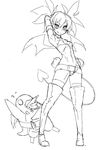  1girl :q bat_wings belt beltskirt boots choker demon_girl demon_tail disgaea etna eu03 flat_chest greyscale makai_senki_disgaea mini_wings monochrome prinny sketch solo_focus standing tail thigh_boots thighhighs tongue tongue_out twintails wings 