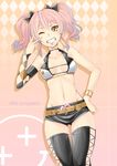  1girl ;d absurdres argyle_background bare_shoulders black_shorts black_thighhighs bracelet breasts character_name choker collarbone commentary_request cowboy_shot crop_top earrings grin hand_on_own_hip highres idolmaster idolmaster_cinderella_girls jewelry jougasaki_mika looking_at_viewer navel one_eye_closed open_mouth photoshop_(medium) pink_hair short_hair short_shorts short_twintails shorts small_breasts smile smiley_face solo stomach thighhighs twintails v_over_eye x_x yasai_no_ou-sama_lettuce 