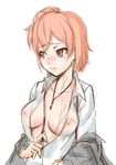  1girl bad_id bad_pixiv_id blush breasts brown_eyes covered_nipples jewelry medium_breasts necklace no_bra open_clothes open_shirt orange_hair photoshop_(medium) school_uniform sketch sobu_high_school_uniform solo tears unbuttoned upper_body wavy_mouth white_background yahari_ore_no_seishun_lovecome_wa_machigatteiru. yasai_no_ou-sama_lettuce yuigahama_yui 