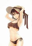  armpits black_hair breasts brown_eyes cleavage cowboy_shot crop_top crop_top_overhang hands_on_headwear hat hat_ribbon highres kill_la_kill letta looking_at_viewer matoi_ryuuko medium_breasts multicolored_hair red_hair ribbon short_hair simple_background solo straw_hat two-tone_hair underboob white_background 