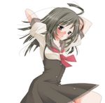  arms_behind_back bakemonogatari blush brown_dress brown_eyes brown_hair buttons cowboy_shot dress long_hair looking_at_viewer monogatari_(series) parted_lips puffy_short_sleeves puffy_sleeves sachinoki sailor_collar sengoku_nadeko short_sleeves simple_background solo white_background 