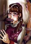  blush breasts brown_eyes brown_hair censored cum cum_in_mouth cum_on_body cum_on_clothes cum_on_hair cum_on_upper_body facial fat fat_man fellatio glasses high_collar large_breasts long_ponytail makeup nail_polish oral penis ponytail puffy_cheeks super_sentai tabe_koji tears testicles translation_request yayoi_ulshade zyuden_sentai_kyoryuger 