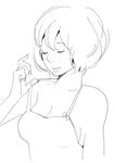  bangs bare_shoulders breasts camisole cleavage closed_eyes fingernails greyscale medium_breasts monochrome original shimura_takako short_hair simple_background solo strap_lift upper_body white_background 