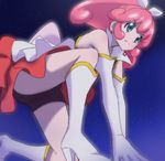  aqua_eyes boots cure_mirage elbow_gloves gloves happinesscharge_precure! haruyama_kazunori kneeling magical_girl pink_hair precure queen_mirage red_skirt short_hair skirt solo spoilers white_gloves 