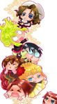  &gt;_&lt; 5girls akikan_(resembool) bad_id bad_pixiv_id beatrice black_hair blonde_hair blue_eyes brown_hair chibi closed_eyes crown flower glasses hair_bobbles hair_bun hair_flower hair_ornament multiple_boys multiple_girls ponytail red_hair rose shannon umineko_no_naku_koro_ni ushiromiya_ange ushiromiya_battler ushiromiya_george ushiromiya_jessica ushiromiya_maria wide_sleeves 