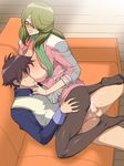  1girl blush breast_press breasts breasts_outside censored chousoku_henkei_gyrozetter clenched_teeth cowgirl_position cum cum_in_pussy ejaculation eyes_closed feet girl_on_top glasses green_hair gureko_rouman highres large_breasts legs long_hair no_shoes open_clothes pantyhose penis scarf sex short_hair shoudou_kotoha sitting sitting_on_person straddling sweat teeth thighs toes vaginal 