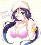  ;o aqua_eyes bad_id bad_pixiv_id bandana bikini bracelet breasts cleavage facial_tattoo happy_birthday harimoji heart_tattoo jewelry large_breasts long_hair love_live! love_live!_school_idol_project natsuiro_egao_de_1_2_jump! necklace one_eye_closed pink_bikini polka_dot polka_dot_background purple_hair solo swimsuit tattoo toujou_nozomi twintails upper_body 