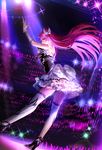  arm_up concert contrapposto floating_hair frilled_skirt frills from_behind gloves high_heels houjou_sophie irua long_hair microphone pretty_(series) pripara purple_eyes purple_hair skirt solo sparkle stage standing thighhighs white_gloves white_legwear 