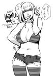  bikini_top breasts comic_hotmilk cowboy_shot cutoffs denim denim_shorts ganto greyscale hand_on_hip large_breasts looking_at_viewer monochrome navel one_eye_closed short_shorts shorts side_ponytail simple_background solo standing striped striped_legwear thighhighs translation_request unbuttoned v white_background 