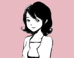  black_hair breasts cardigan curly_hair looking_at_viewer monochrome original pink_background shimura_takako short_hair smile solo upper_body 