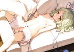  1girl :o absurdres bare_shoulders bloomers couch crotch_cutout green_eyes green_hair highres ke-ta komeiji_koishi lying navel nipples on_back open_clothes open_shirt shirt short_hair small_breasts solo topless touhou uncensored underwear 