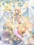  1girl angel angel_wings blonde_hair breasts bridal_gauntlets center_opening commentary_request gloves head_wings highres leotard long_hair medium_breasts navel original pink_thighhighs purple_eyes smile solo staff thighhighs very_long_hair white_gloves wings yasai_no_ou-sama_lettuce 