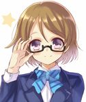  adjusting_eyewear bad_id bad_pixiv_id black-framed_eyewear blazer blush bow brown_hair closed_mouth face glasses harimoji jacket koizumi_hanayo looking_at_viewer love_live! love_live!_school_idol_project otonokizaka_school_uniform school_uniform semi-rimless_eyewear short_hair smile solo star under-rim_eyewear upper_body white_background 