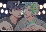  bad_id bad_pixiv_id black_hair blue_hair hat hierophant_green japanese_clothes jojo_no_kimyou_na_bouken kakyouin_noriaki kimono kuujou_joutarou male_focus mask mask_on_head multiple_boys nuresenbey shaved_ice yukata 