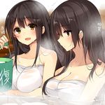  :d akagi_(kantai_collection) bathing black_hair blush breasts bucket character_name cleavage dripping kaga_(kantai_collection) kantai_collection large_breasts long_hair mishima_kurone multiple_girls naked_towel open_mouth smile towel water yellow_eyes 