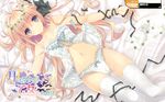  absurdres babydoll blonde_hair blue_eyes breasts cleavage copyright_name est_gealach_arnotts flower highres huge_filesize long_hair lying medium_breasts ribbon smile solo strap_slip suzuhira_hiro thighhighs tsuki_ni_yorisou_otome_no_sahou tsuki_ni_yorisou_otome_no_sahou_2 white_legwear 