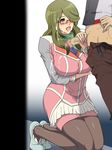  1girl belt blush breast_hold breasts censored chousoku_henkei_gyrozetter clothed_sex cum cum_on_body cum_on_clothes cum_on_glasses cum_on_hair cum_on_upper_body dress facial glasses green_hair gureko_rouman hair_over_one_eye handjob highres kneeling large_breasts long_hair open_mouth pantyhose penis saliva shoes shoudou_kotoha skirt solo_focus standing sweat 