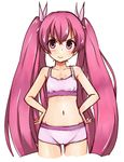  akame_ga_kill! bare_shoulders blush bra cameltoe cowboy_shot cropped_legs flat_chest hair_ribbon hands_on_hips long_hair midriff mine_(akame_ga_kill!) navel pink_eyes pink_hair ribbon shorts simple_background smile solo to_kichiro twintails underwear very_long_hair white_background 