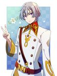  belt character_name checkered checkered_background kakumeiki_valvrave l-elf male_focus military military_uniform poshii_(posy) purple_eyes shoulder_belt silver_hair star uniform v 