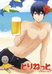  alcohol beach beer black_hair blue_eyes day flower free! hair_flower hair_ornament iwatobi-chan jammers male_focus nanase_haruka_(free!) oshidorio outdoors shirtless water 