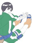  1boy black_hair bowl_cut eyebrows looking_at_viewer male male_focus naruto rock_lee sandals short_hair simple_background sitting solo sweat take_(gnzr23) white_background 