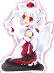  animal_ears breasts cutout detached_sleeves dress fang frills hat highres inubashiri_momiji large_breasts naru424 open_mouth profile red_eyes seiza short_hair simple_background sitting solo tail thighhighs tokin_hat touhou white_hair wolf_ears wolf_tail 