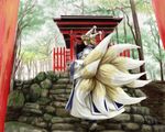  blonde_hair dress forest fox_tail hat mob_cap multiple_tails multiple_torii nature sir_ichirou stairs tabard tail torii touhou tree wide_sleeves yakumo_ran 