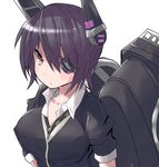 black_hair blush breasts brown_eyes eyepatch face headgear highres kantai_collection kuromu_(underporno) large_breasts looking_at_viewer machinery necktie short_hair solo tenryuu_(kantai_collection) upper_body white_background 