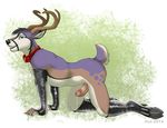  2014 all_fours anthro antlers arm_warmers blue_eyes cervine collar cum cum_drip deer dripping hooves horn ifus jaidawoof leg_warmer legwear looking_at_viewer male mammal nude precum rubber smile solo 