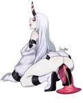  all_fours anal ass boots breasts claws covered_nipples detached_sleeves dildo dress horn huge_breasts kantai_collection large_insertion lilirulu long_hair masturbation no_panties pale_skin pussy red_eyes ribbed_dress seaport_hime shinkaisei-kan short_dress solo sweatdrop white_hair 