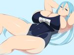  arms_up blue_background blue_eyes blue_hair breasts bursting_breasts competition_school_swimsuit covered_navel hidarikiki highres huge_breasts long_hair looking_at_viewer lying on_back one-piece_swimsuit original school_swimsuit simple_background skindentation solo swimsuit thighs very_long_hair 