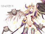  animal araragimura_udonya arm_up armor armpits asymmetrical_wings bikini_armor bird black_wings blonde_hair breasts capelet character_name cleavage collarbone demon_horns engrish fang feathered_wings gauntlets groin heart highres holding holding_weapon horns impossible_clothes jewelry light_particles lilith_(p&amp;d) long_hair looking_at_viewer medium_breasts midriff navel open_mouth owl panties pink_eyes pointy_ears purple_legwear puzzle_&amp;_dragons ranguage red_panties revealing_clothes scythe simple_background solo text_focus thighhighs thong tiara underwear weapon white_background white_wings wings 