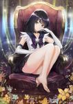  armchair barefoot bishoujo_senshi_sailor_moon black_choker black_hair bow brown_eyes chair choker elbow_gloves feet feet_on_chair flower full_body gloves knees_up legs_together long_legs meto31 no_shoes purple_bow purple_sailor_collar ribbon sailor_collar sailor_saturn sailor_senshi_uniform short_hair sitting skirt solo star star_choker thighs tiara tomoe_hotaru white_gloves 